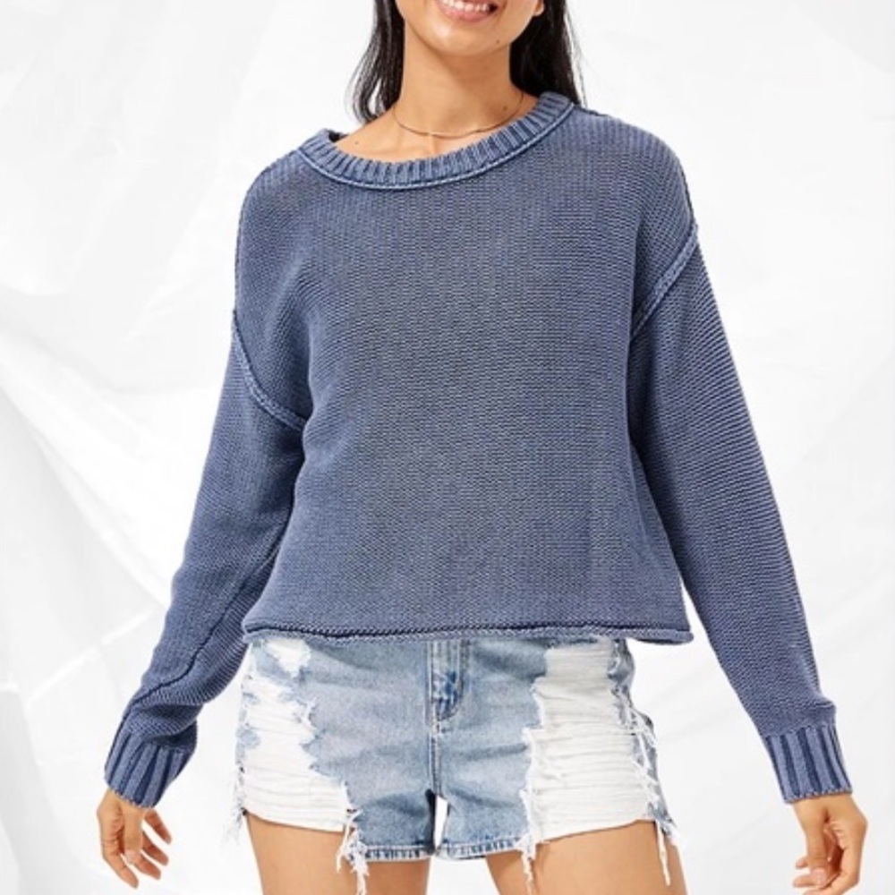 American Eagle Blue Boat Neck Oversized Slouchy Sweater Coastal Size Small